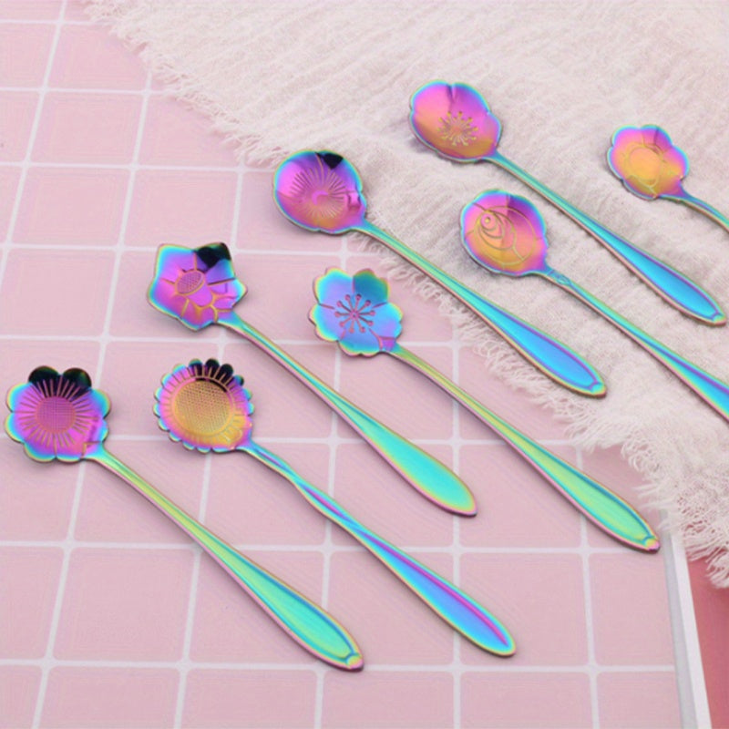 Set of 8 Flower-Shaped Stainless Steel Spoons for Tea Coffee Dessert Gold Silver