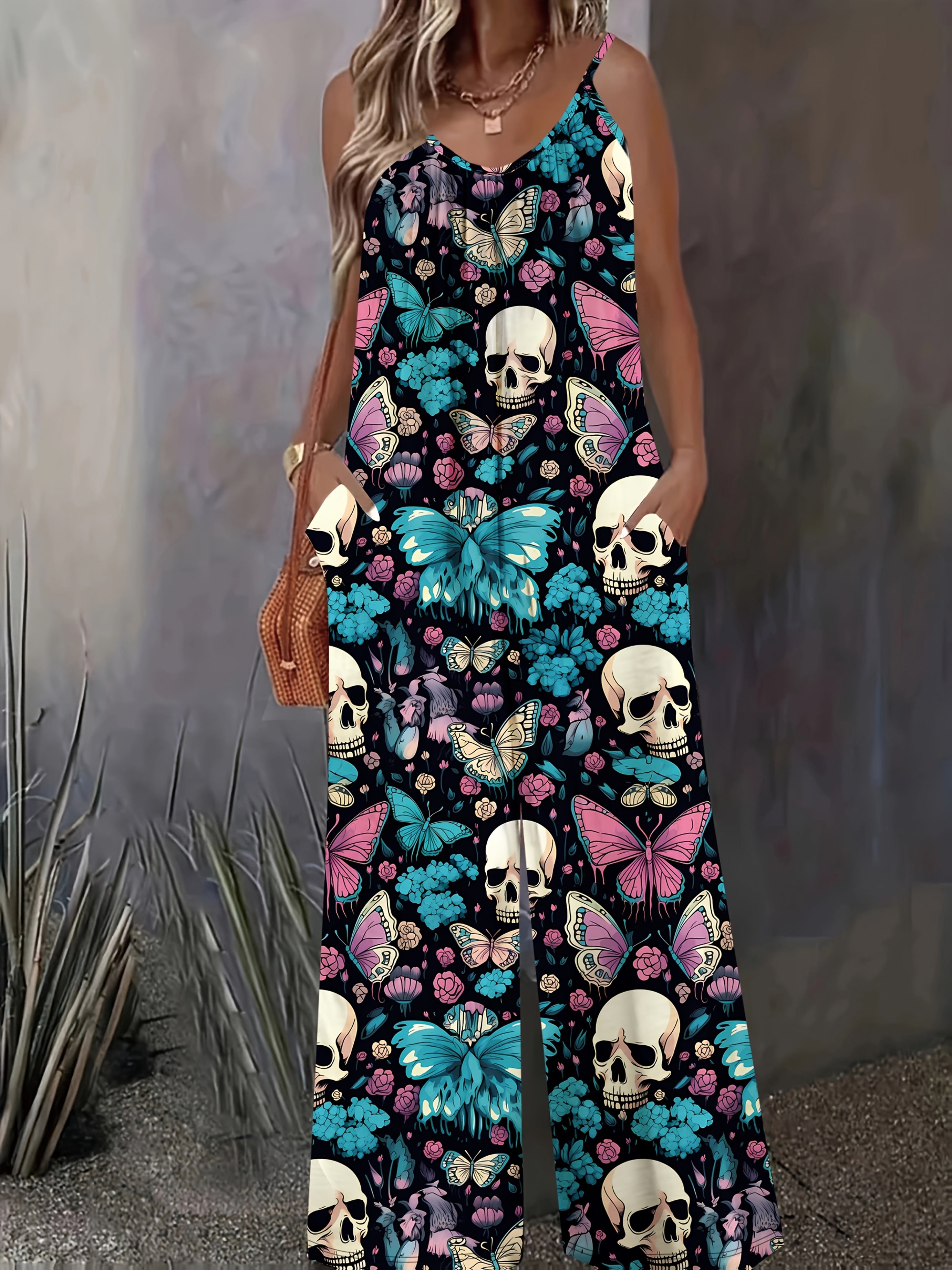 Women's Gothic Floral and Skull Print Overalls - Blue Pink Wide-Leg Jumpsuit