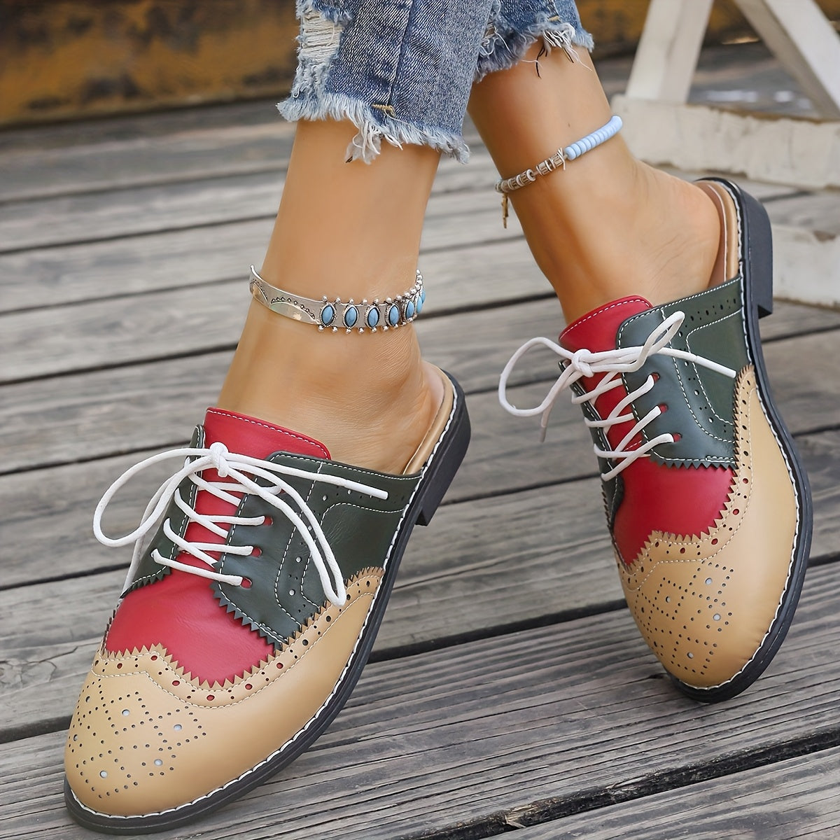 Women Flat Mules Slip-On Shoes Color-Block Comfortable Stylish