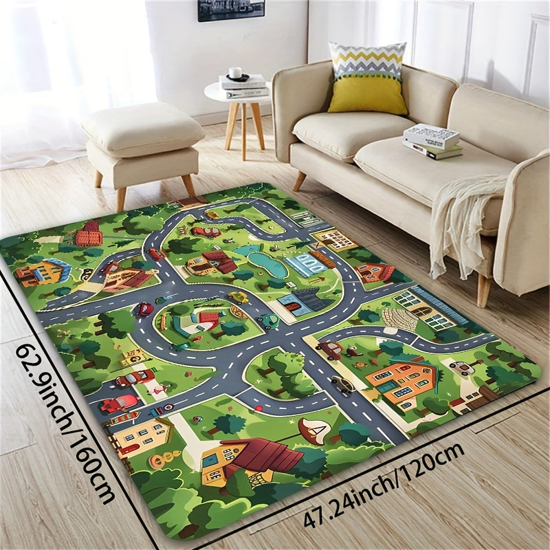 Alfombra de diseño de pueblo de dibujos animados verdes para habitaciones infantiles y espacios de estar
