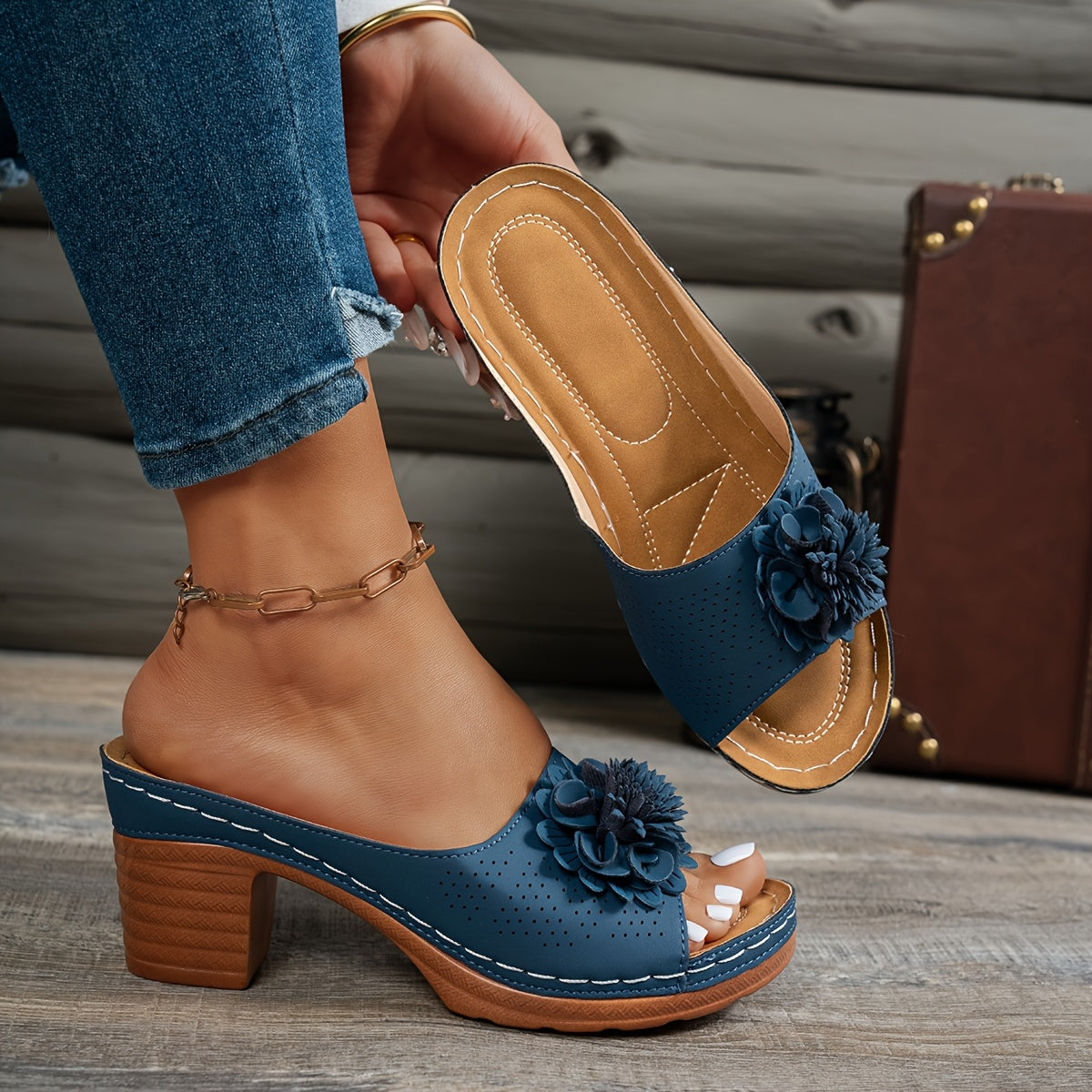 Women's Floral Embellished Mid-Heel Slide Sandals Open-Toe Beige Dressy Footwear