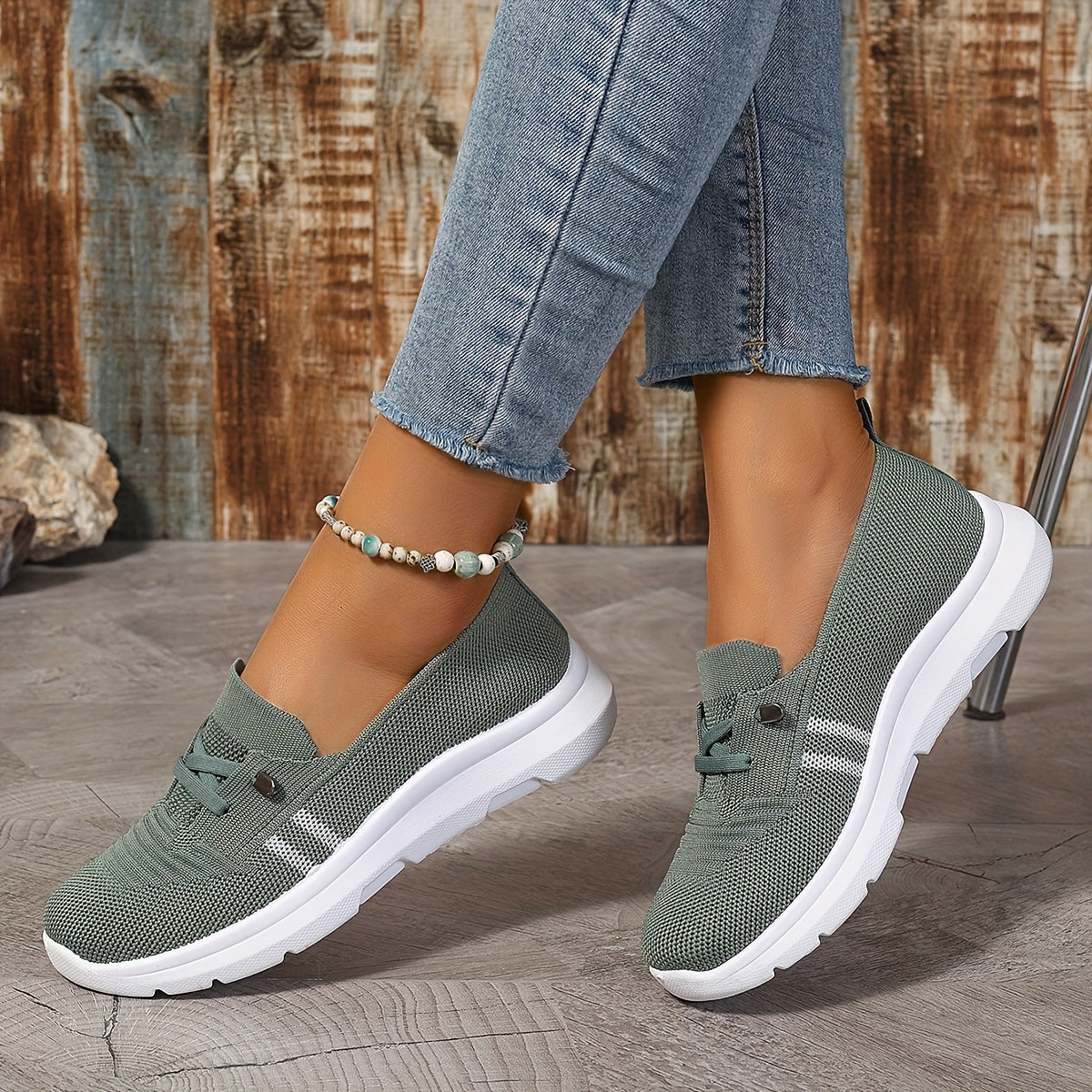 Ladies Breathable Casual Slip-On Sneakers Low Top Fabric Stripes