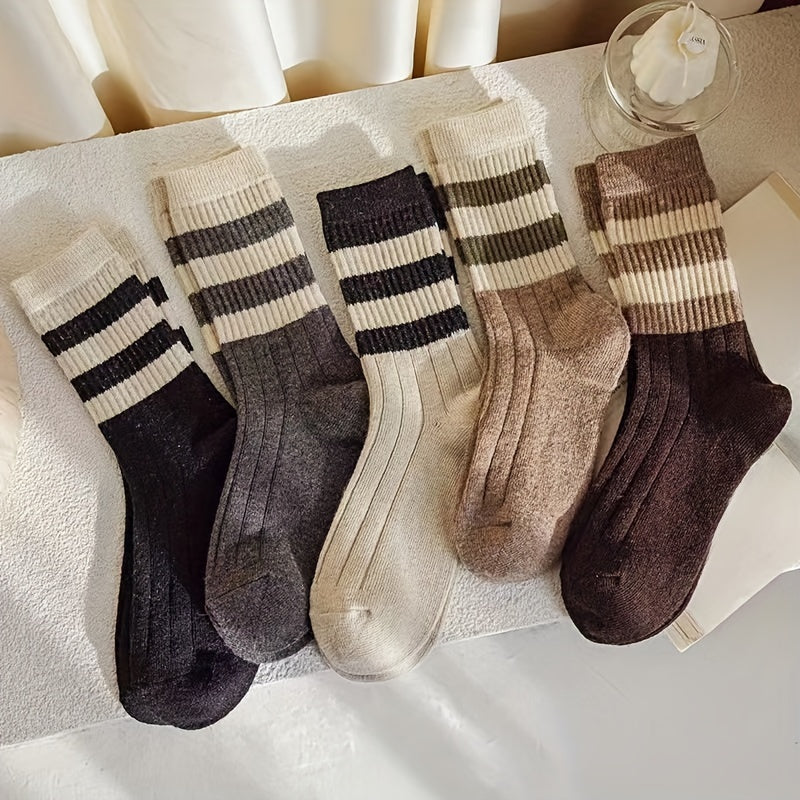 Women’s 5 Pairs Striped Mid-Calf Socks Polyester Spandex Fall Winter