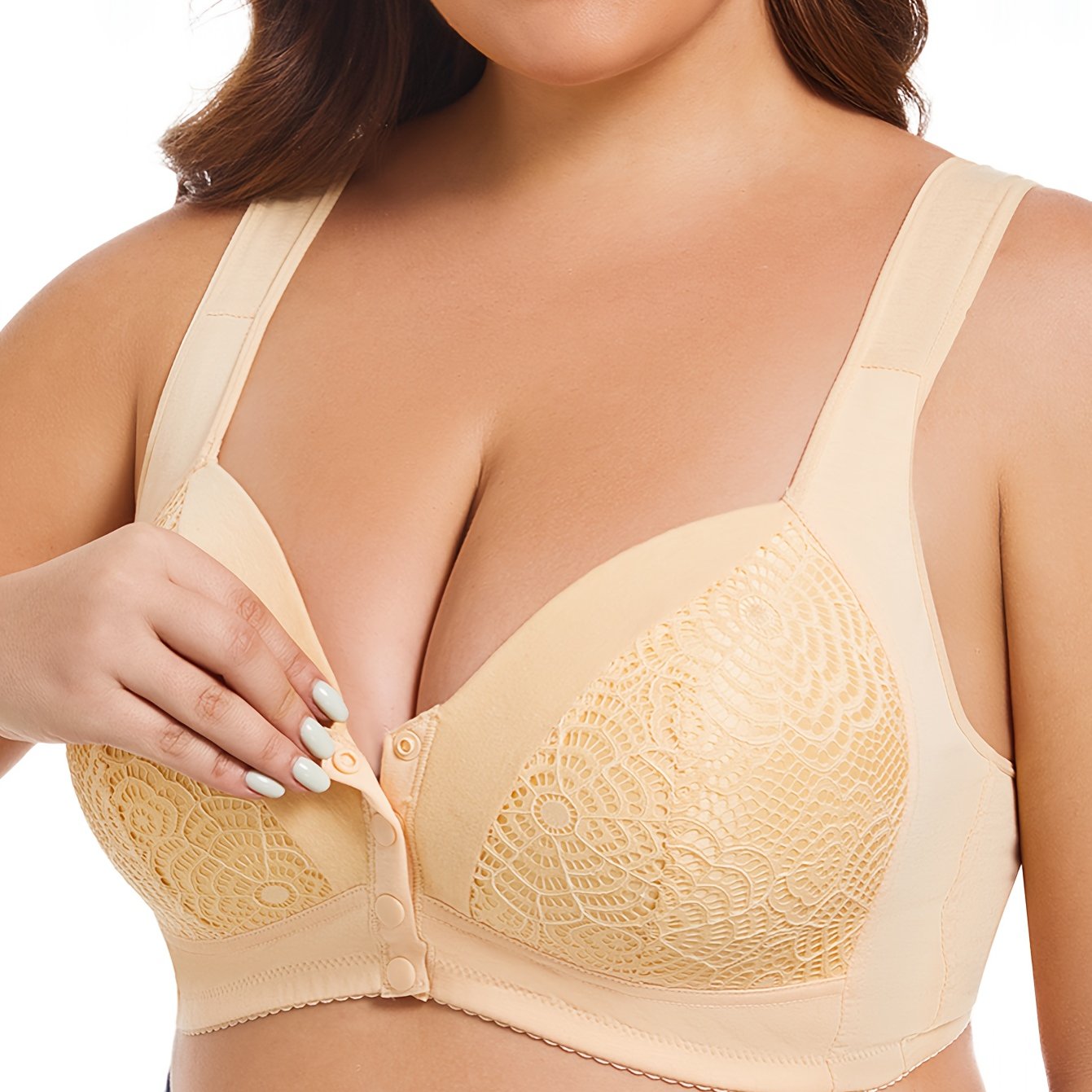 Plus Size Lace Bralette Wireless Full Coverage with Front Closure and Non-Removable Pads