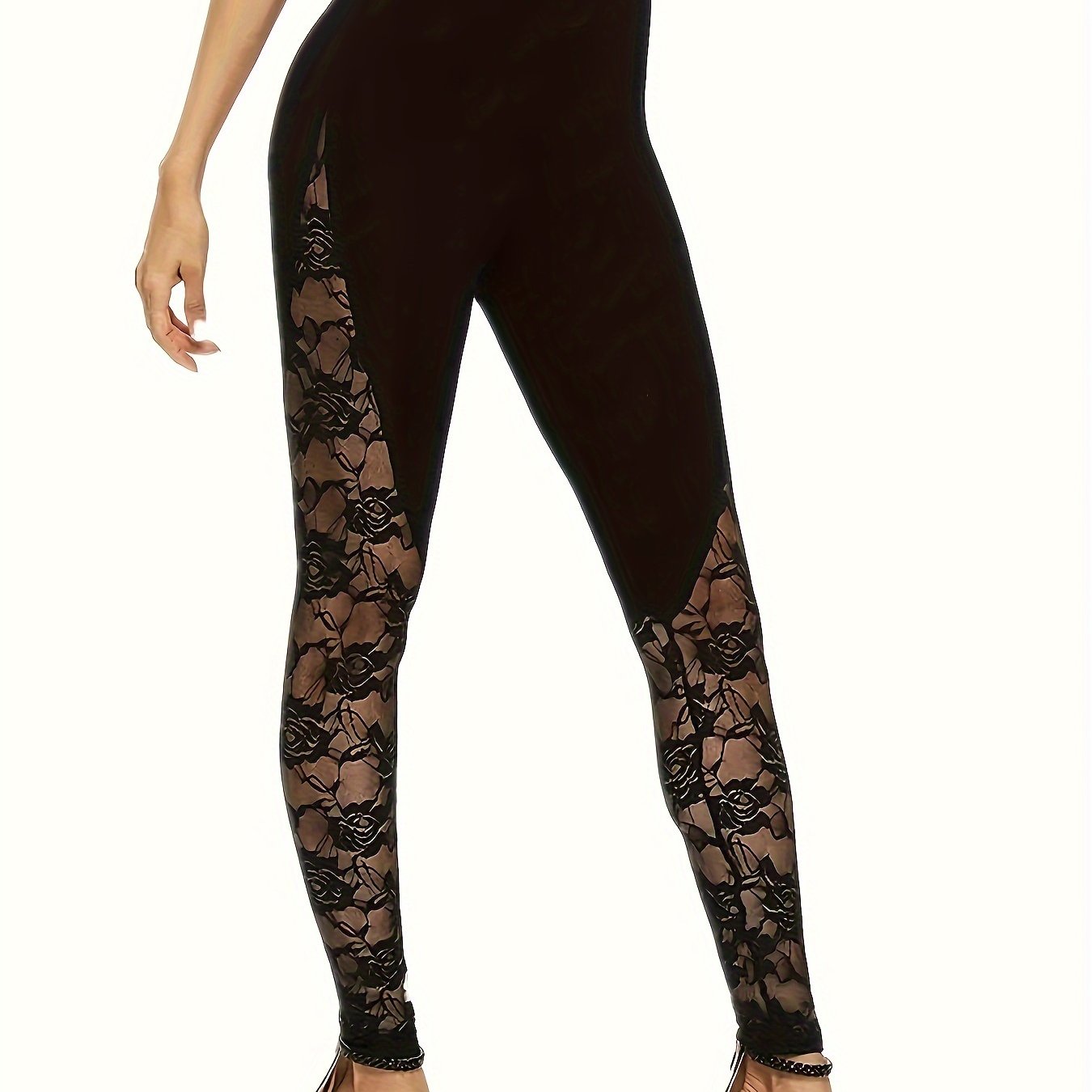 Women's Plus Size High Rise Lace Skinny Leggings with Contrast Rose Details