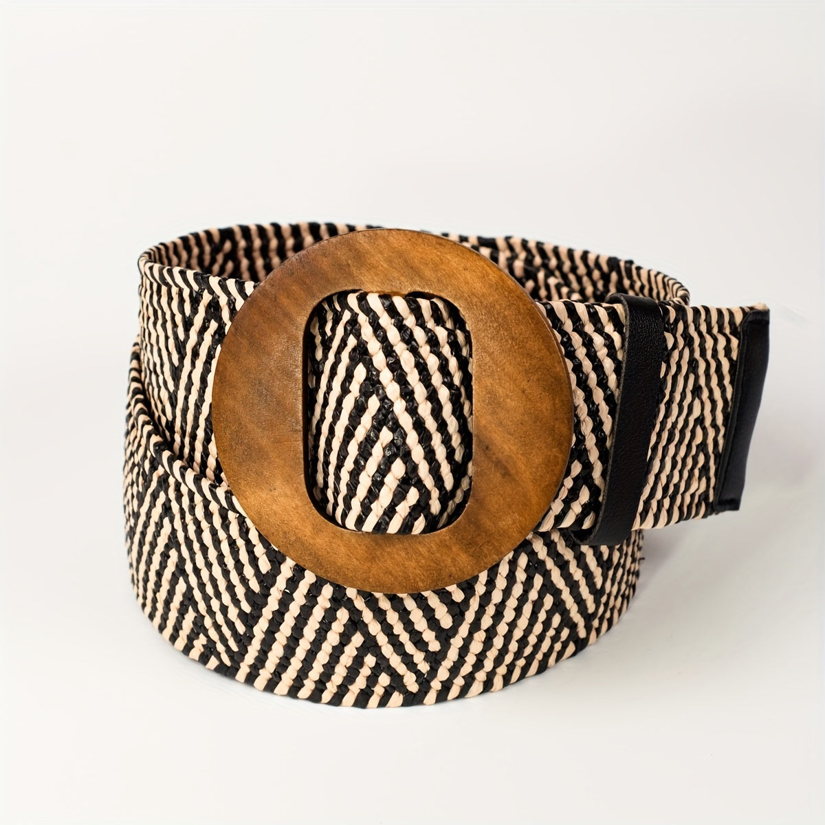 Women's Boho Wide Straw Belt with Wooden Buckle Elastic No-Hole Design for Casual and Formal Wear