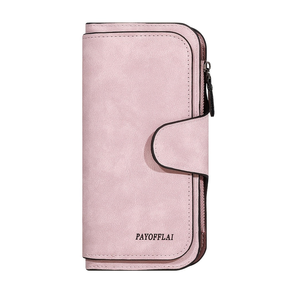 Yangi vintage uslubidagi ayollar uchun uzun hamyon, sun'iy charmdan tayyorlangan, tugmachali yopiq, zip cho'ntak, naylon astar, ko'p kartochka joylari va chet bo'yash tafsiloti bilan.