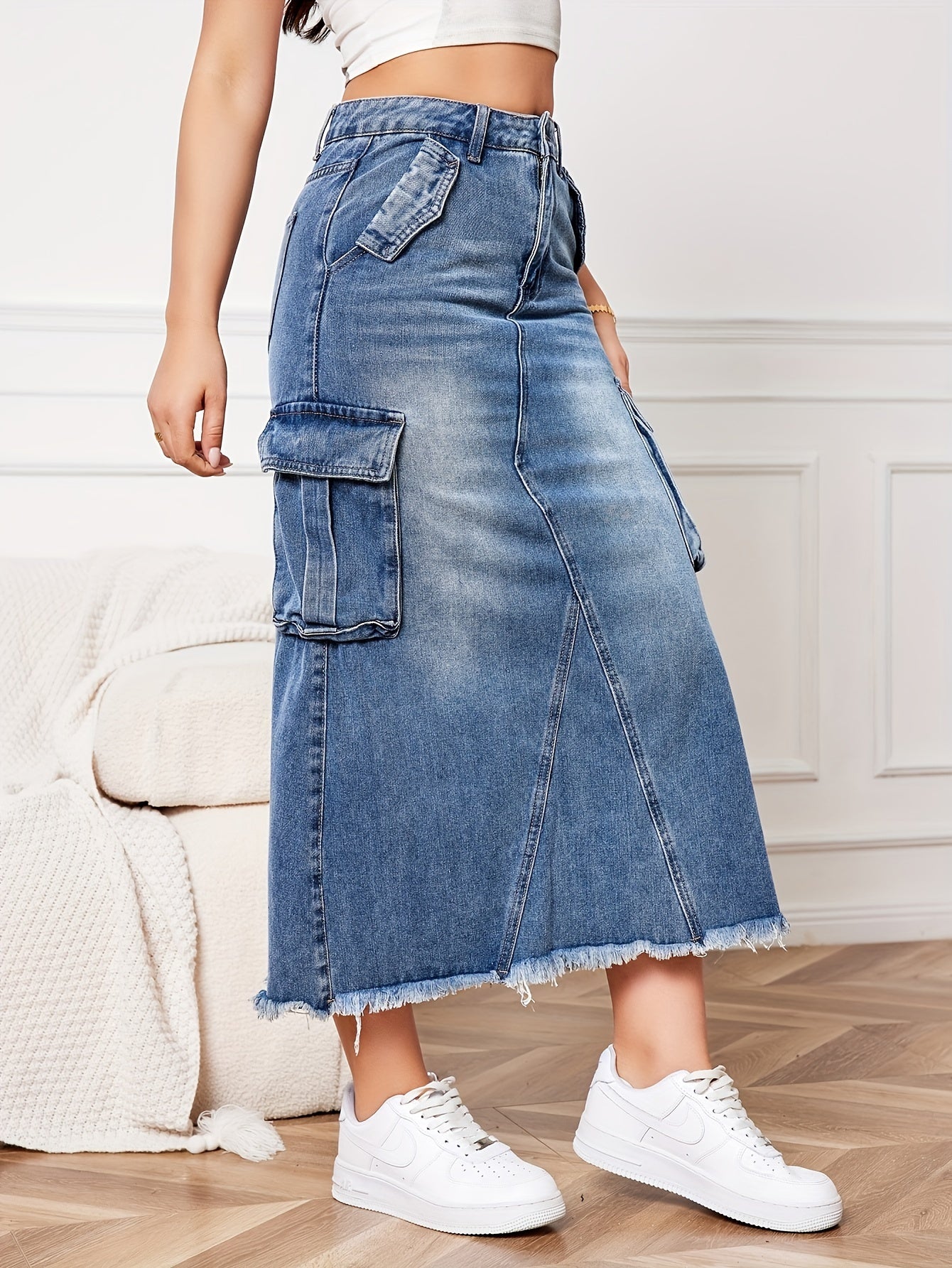 Women's Light Blue High-Waisted Straight Jean Skirt with Pockets