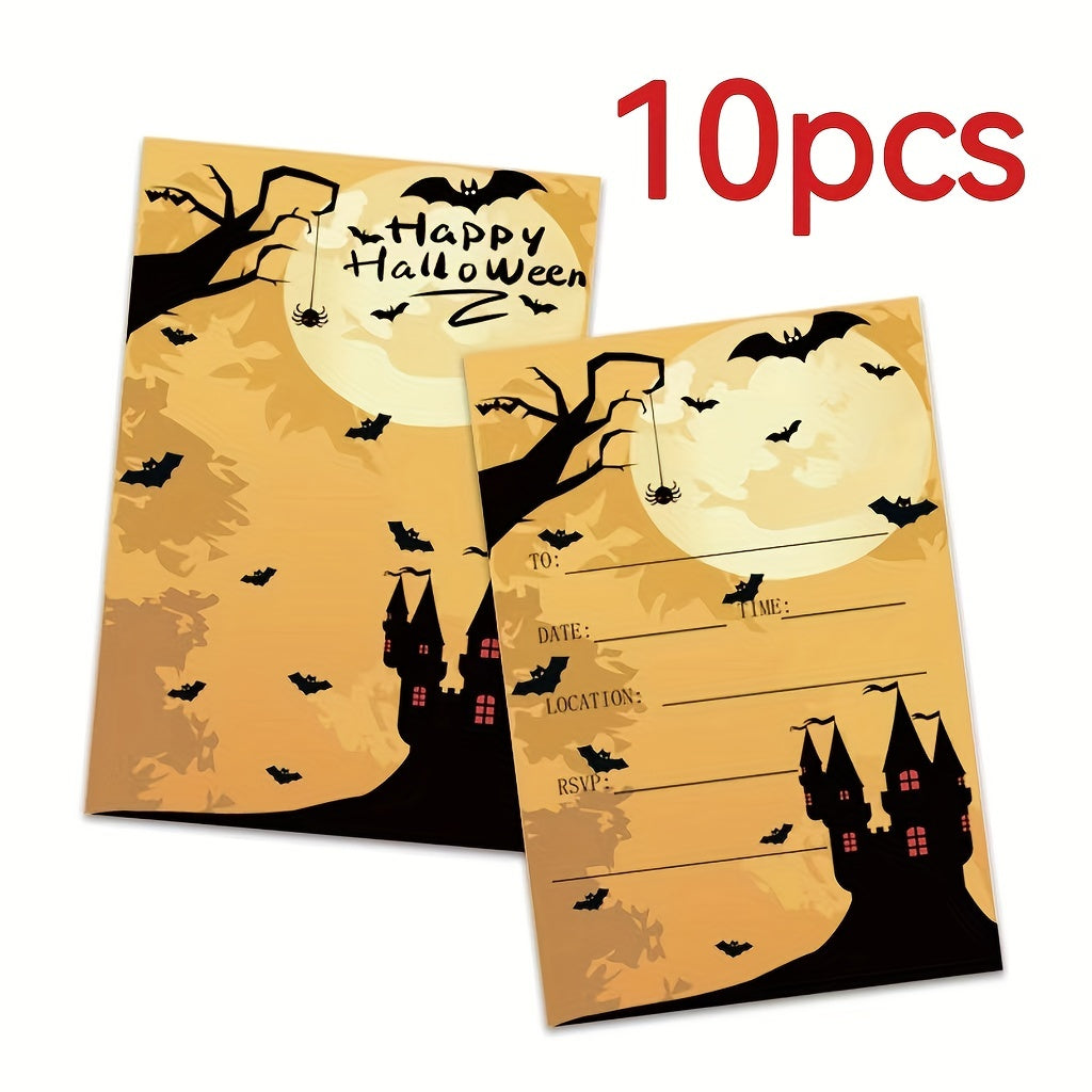 Halloween Party Invitations for Kids with Haunted House and Bat Designs