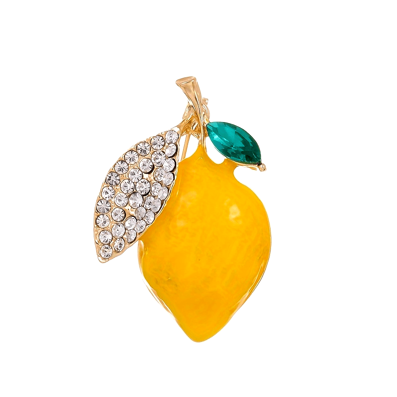 Unisex Lemon Brooch Pin in Korean Style with Rhinestones and Green Leaf Detail