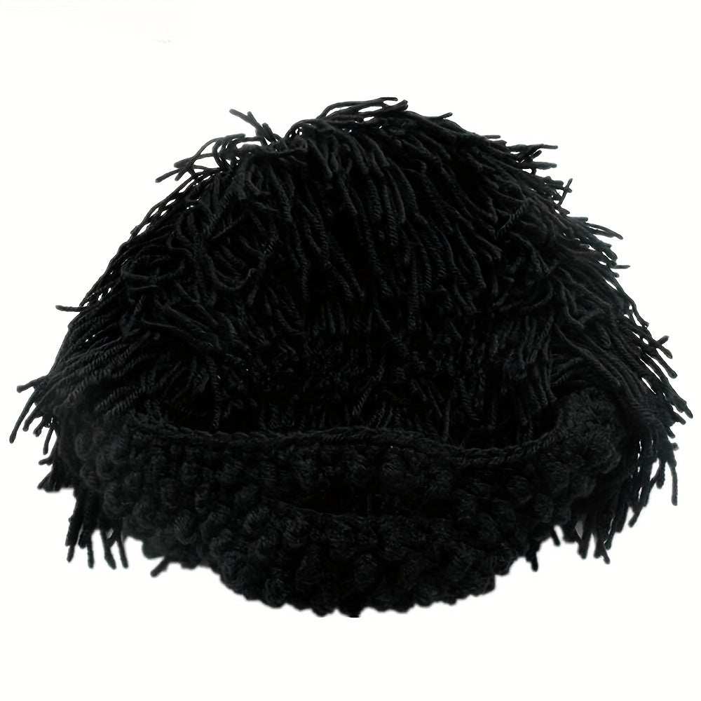 Punk Style Beanie with Attached Straight Hair Wig and Knitted Beard for Parties and Holidays