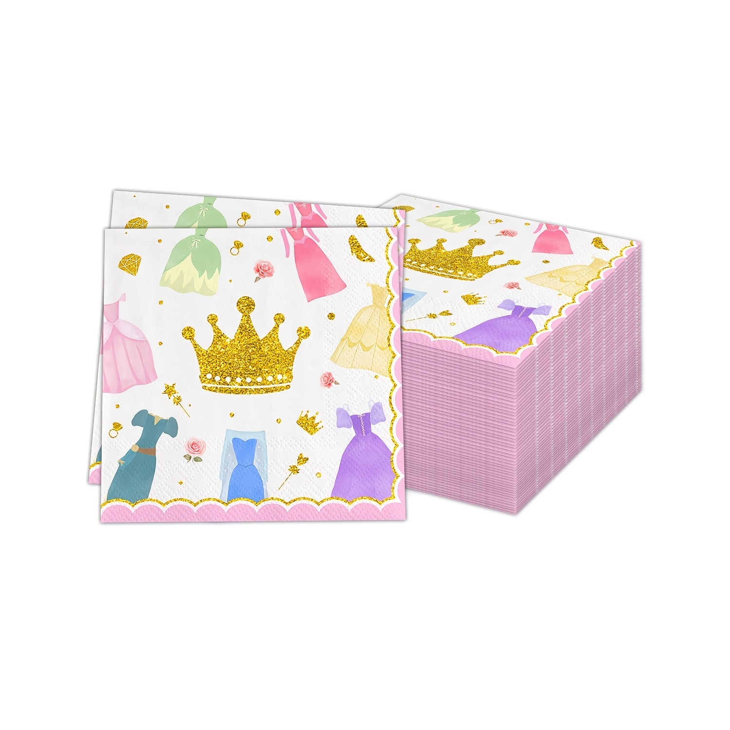 Set of 20 Pink and Gold Princess Party Napkins 2-Ply Paper for Birthdays and Celebrations