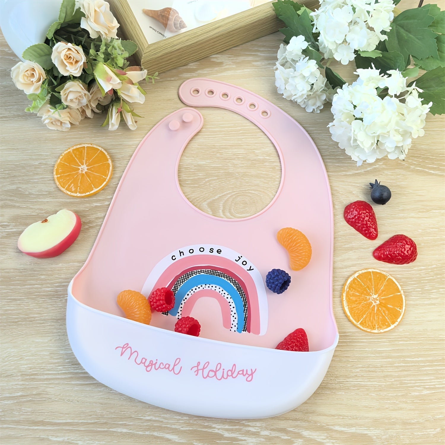 Silicone Kids Bib Pink Waterproof with Rainbow Crown Space Design for Boys Girls