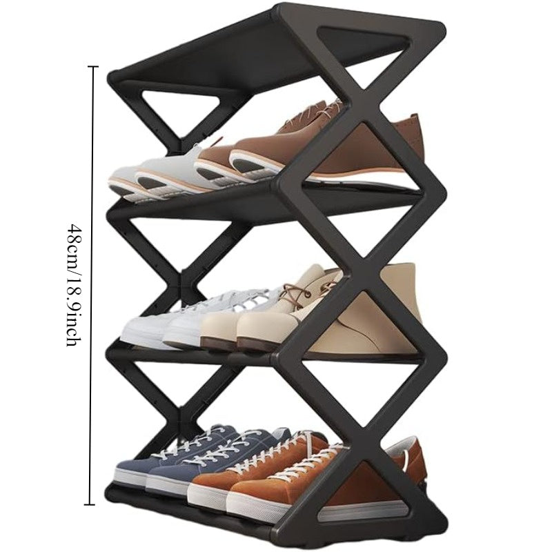Black Plastic Freestanding Shoe Rack with Expandable Adjustable Shelves 4 Tiers