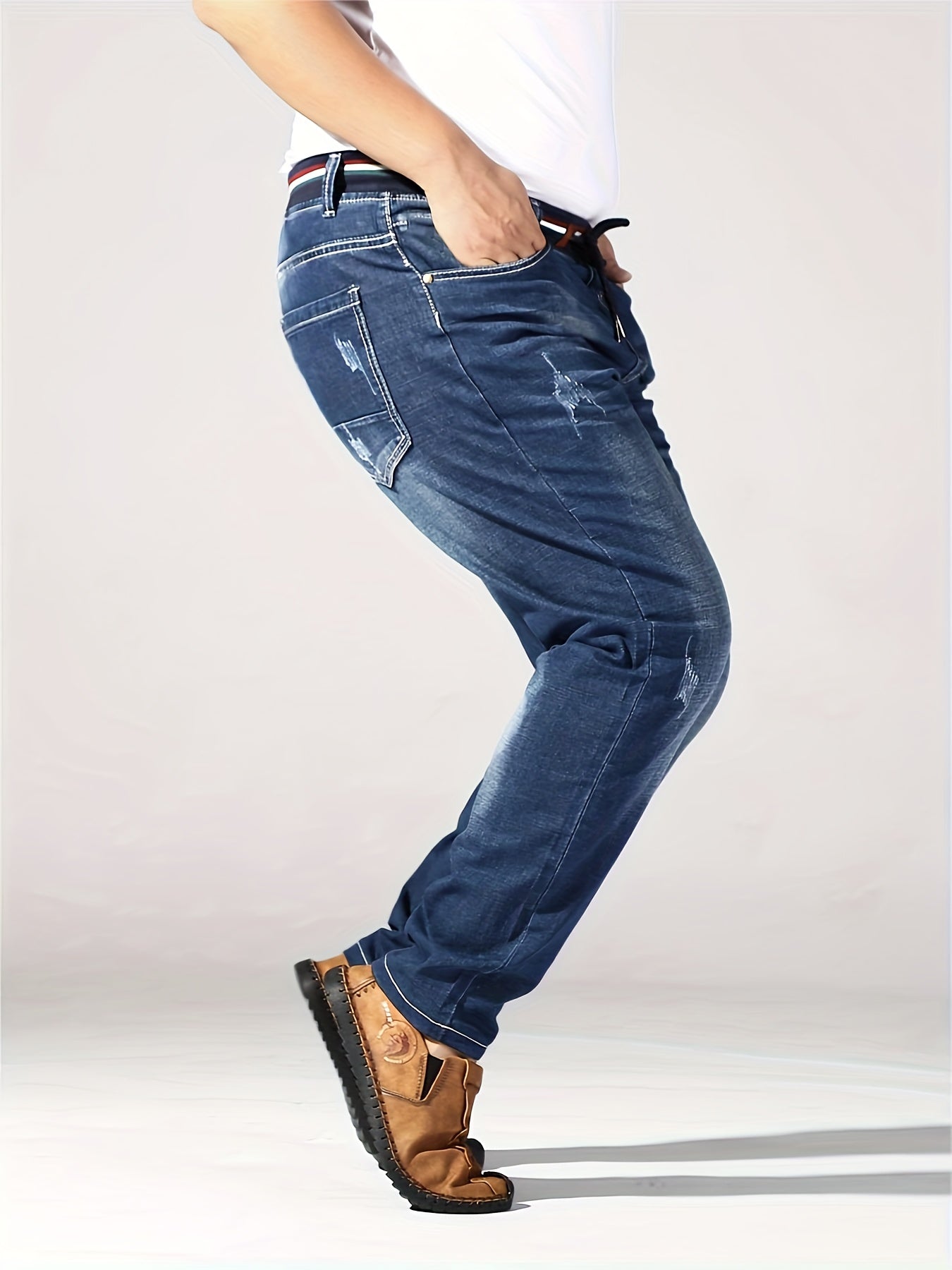 Plus Size Men's Slim Fit Jeans with Stretch Cotton Blend Ribbed Waistband Belt All-Season Denim