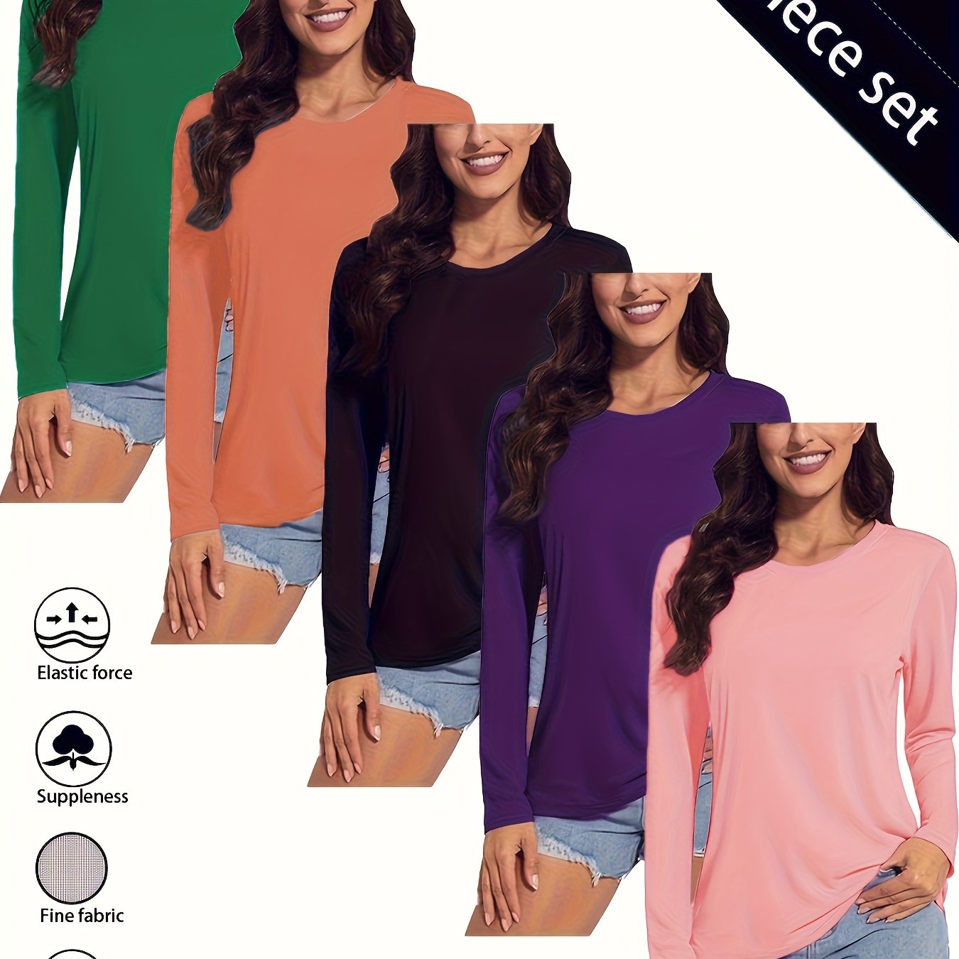 Plus o'lcham ayollar uchun uzun qo'lli to'liq rangli T-shirtlar bahor va yoz uchun to'plam