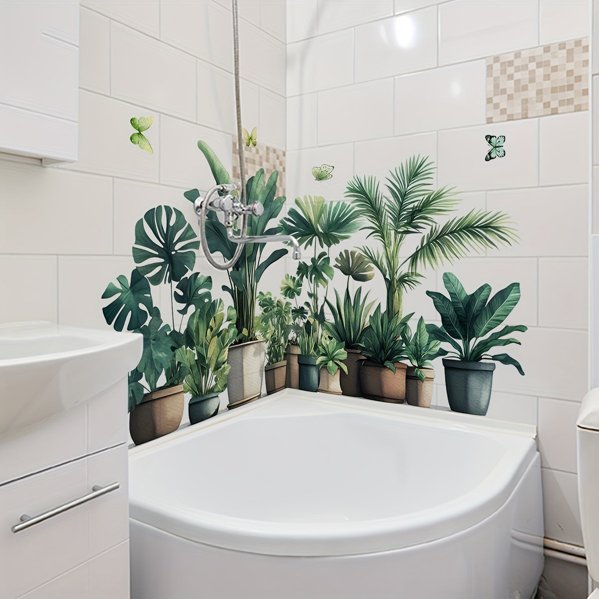 Adhesivo de pared con motivos de vegetación y mariposas para decoración de baño 30x90cm