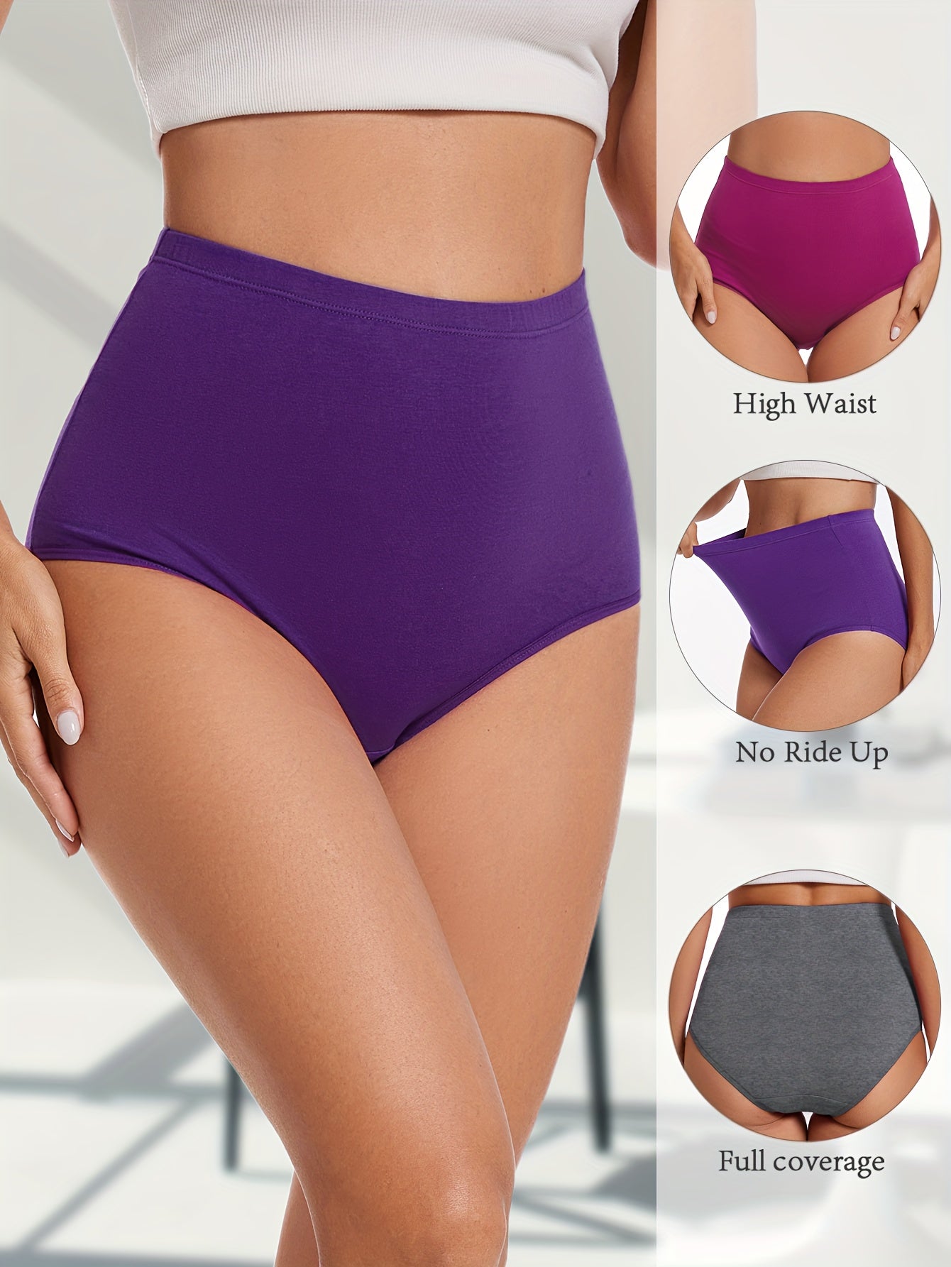 Women's High-Waisted Cotton Underwear 4 Pack Large Size Solid Color Comfortable