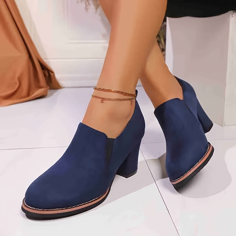 Women's Navy Blue Block Heel Loafers Casual Round Toe Mid-Heel All-Season Shoes