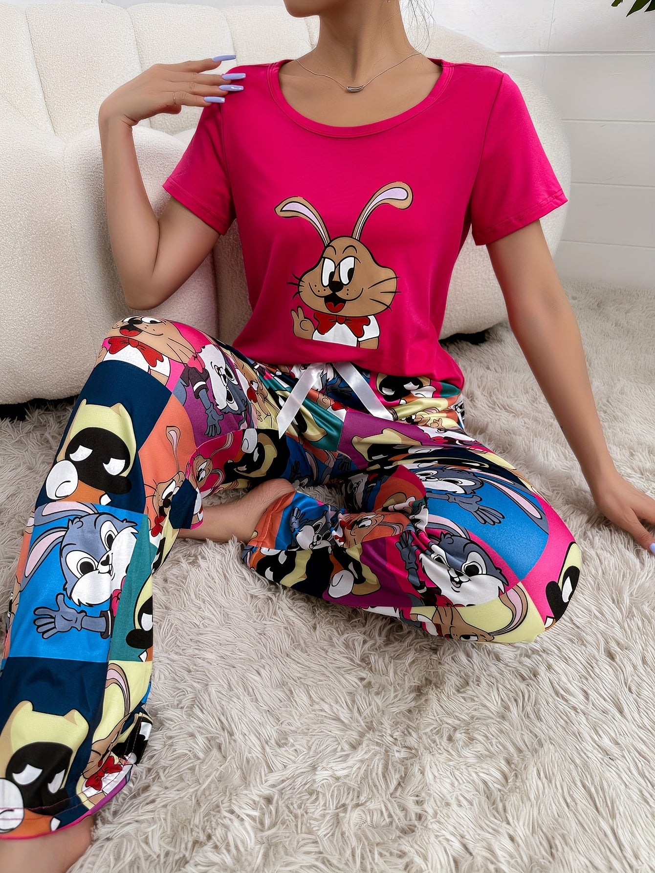 Women's Cartoon Print Pajama Set Short Sleeve Crew Neck Knit Fabric All Season