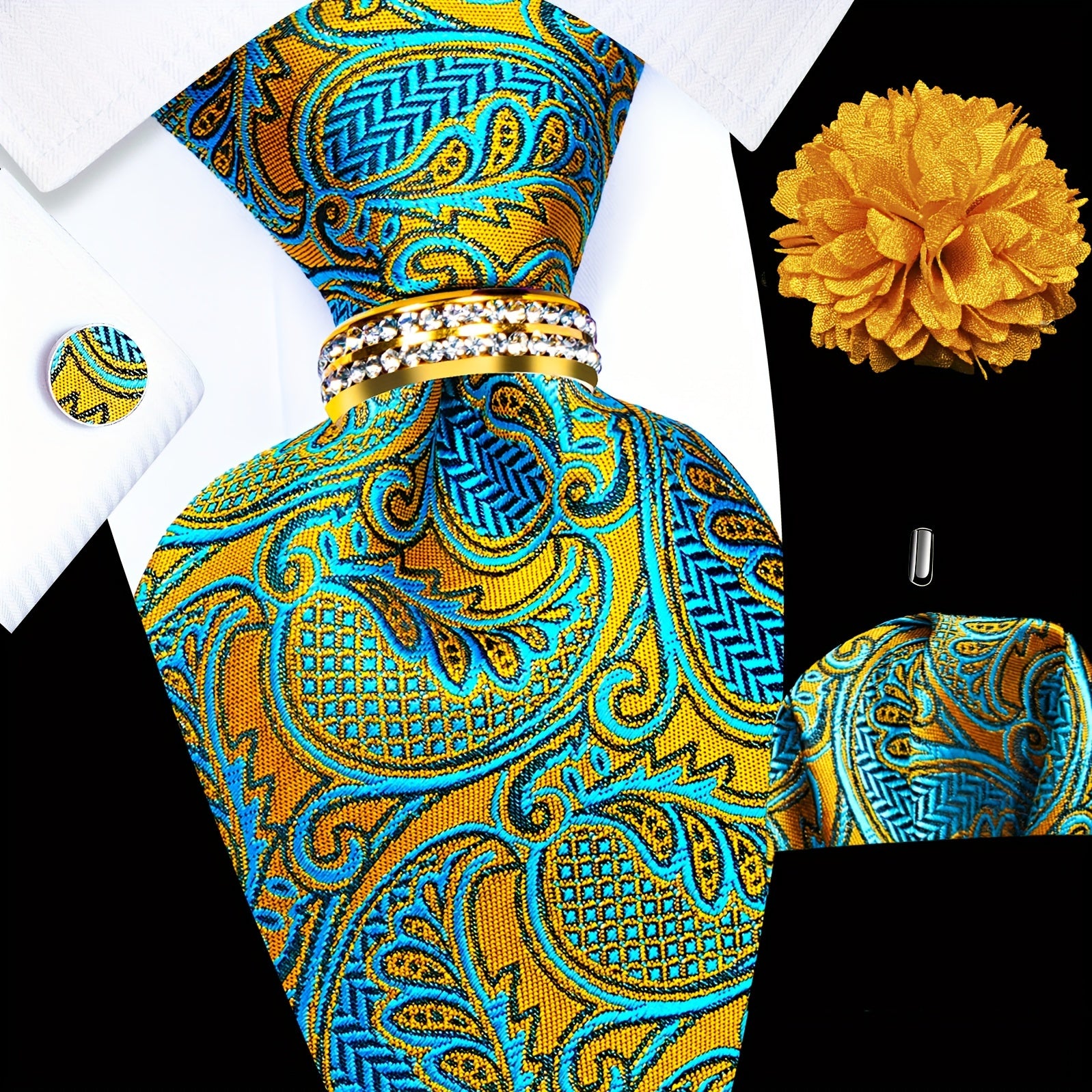 Men's Accessories Set Tie Pocket Square Cufflinks Lapel Pin Tie Ring for Wedding Groom