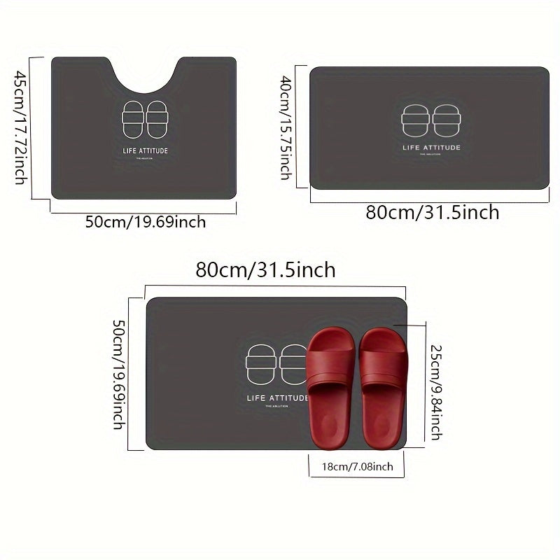 Bathroom Anti-Slip Mat Set 3 Pieces Diatom Mud Washable Wear-Resistant