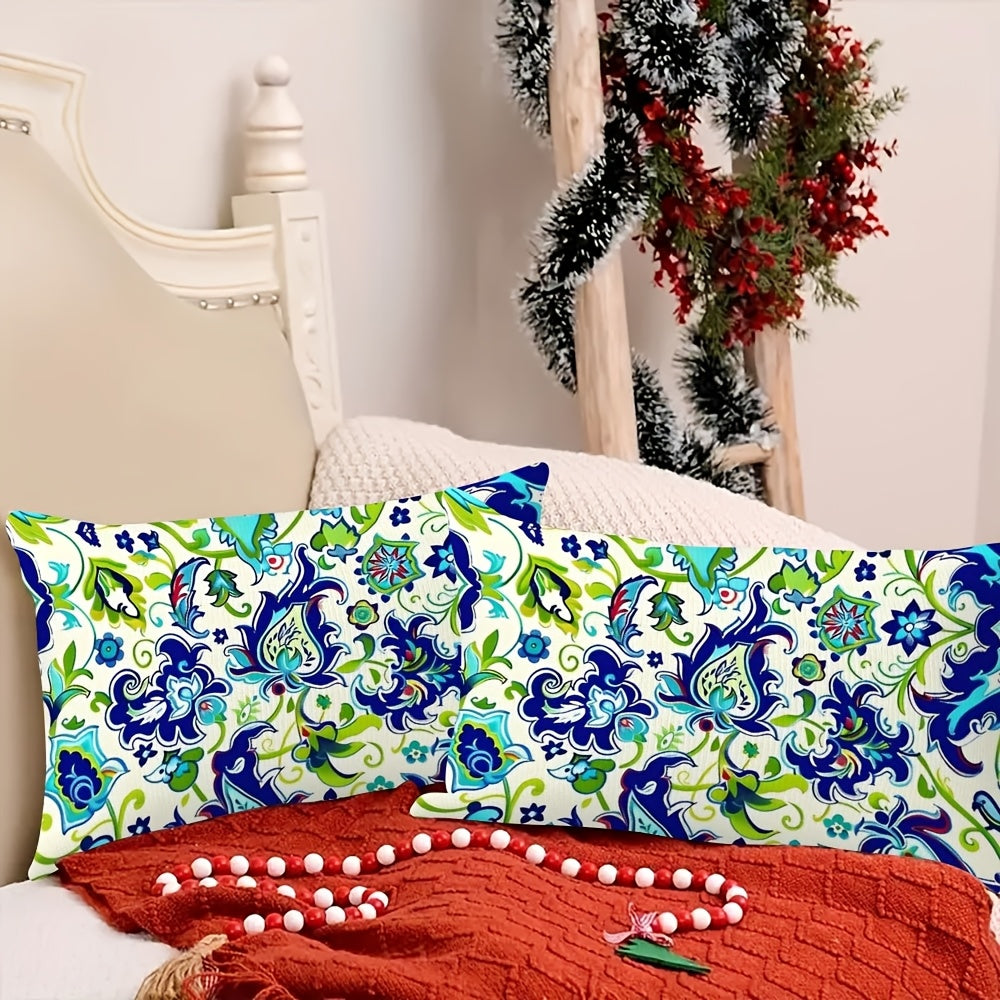 Set of Two Turkish Floral Pattern Pillow Covers 30x50 cm Double-Sided Plush Polyester