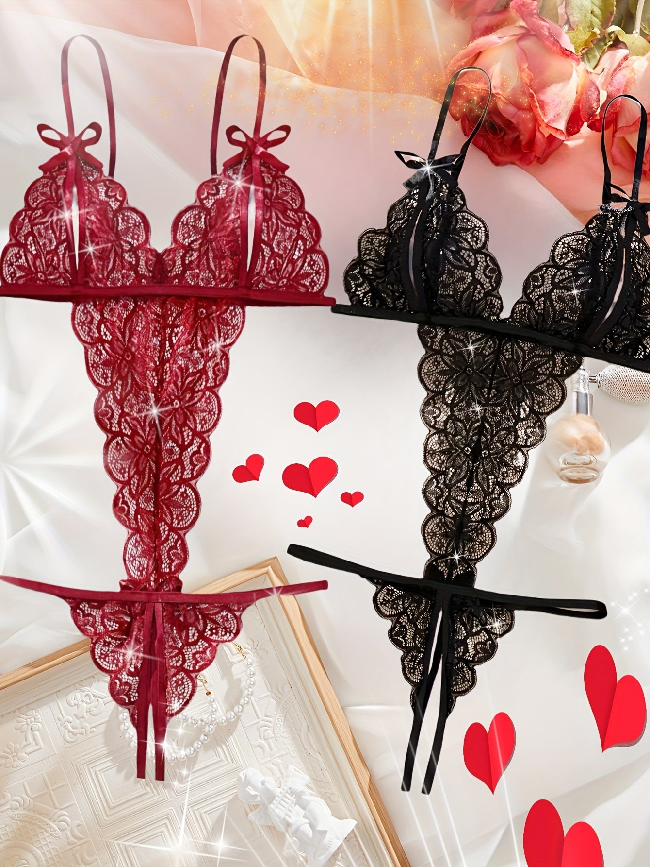 Pack de 2 bodies de encaje para mujer, lencería semi-transparente floral, rojo y negro