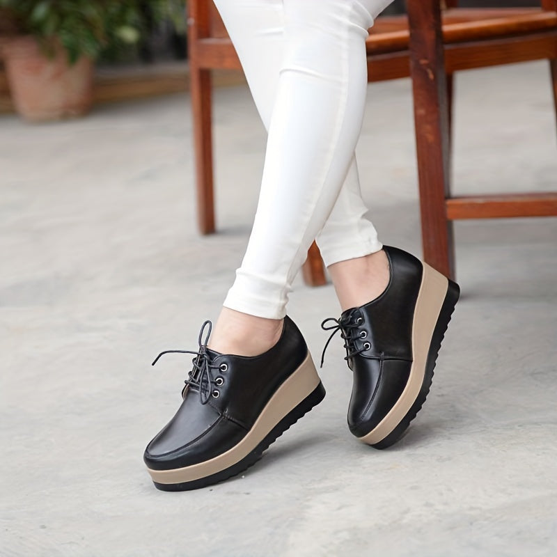 Women's Lace-Up Platform Wedge Loafers with Round Toe and Low Top