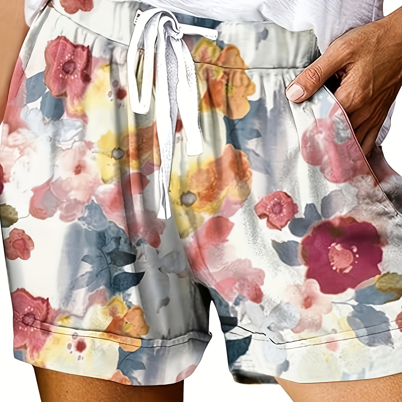 Women's Floral Print Casual Shorts Polyester Knit Drawstring Waist