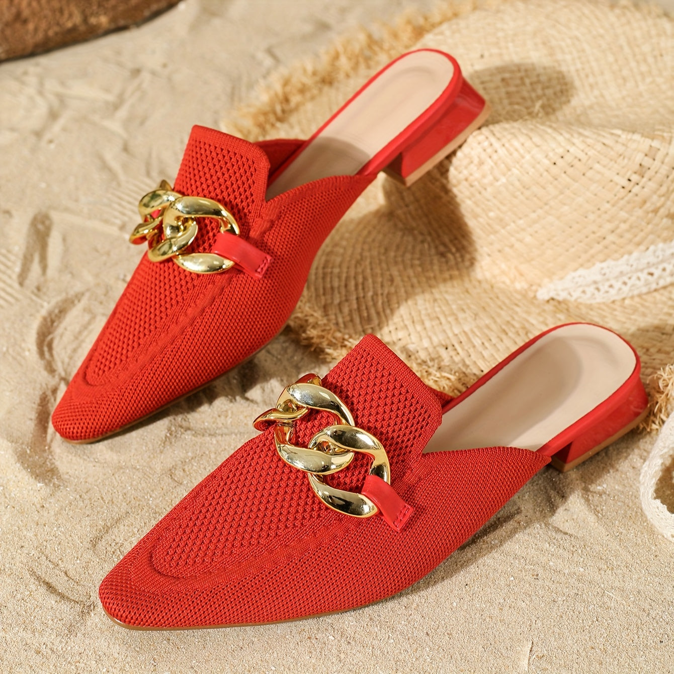 Women's Black Mules with Metallic Chain Pointed Toe Low Heel Flats