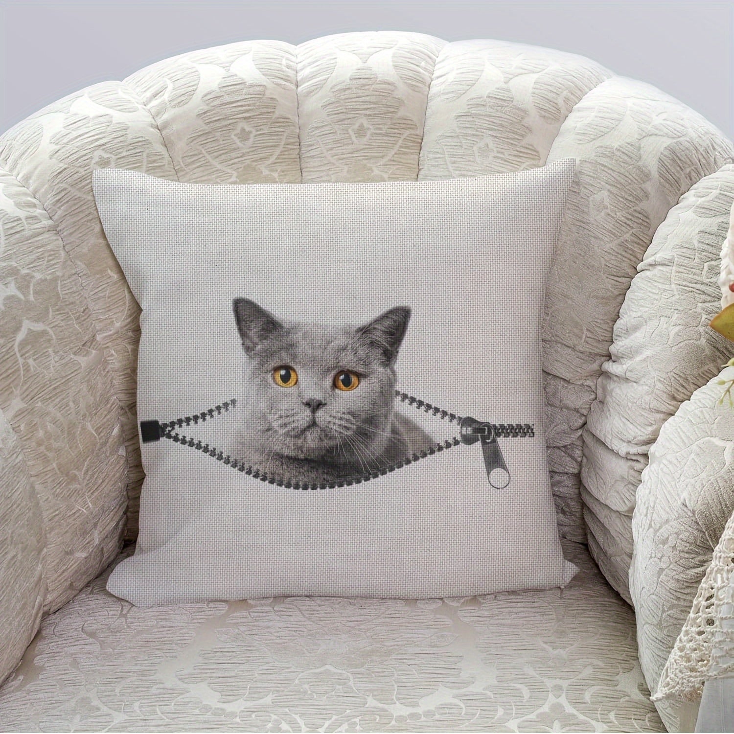 Linen Cat Pillowcase Single-Sided Print Zip Closure Machine Washable Decorative