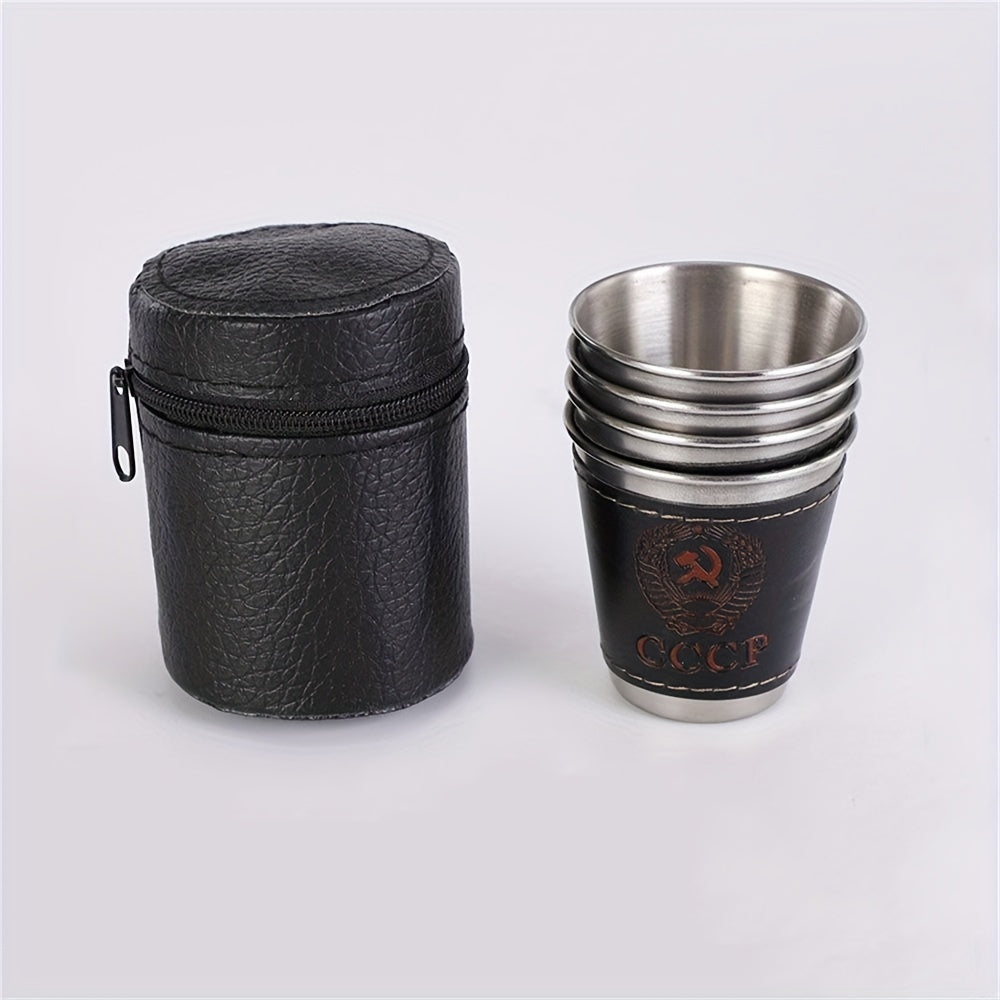 Set of 4 70ml Stainless Steel Camping Cups with Faux Leather Carry Bag