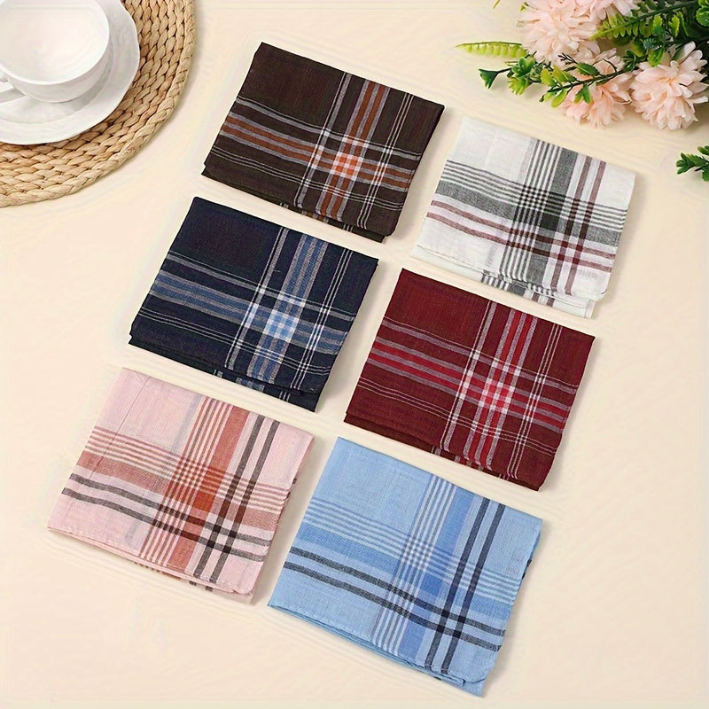 Set of Six Men's Vintage Print Cotton Handkerchiefs with Stripes and Checks
