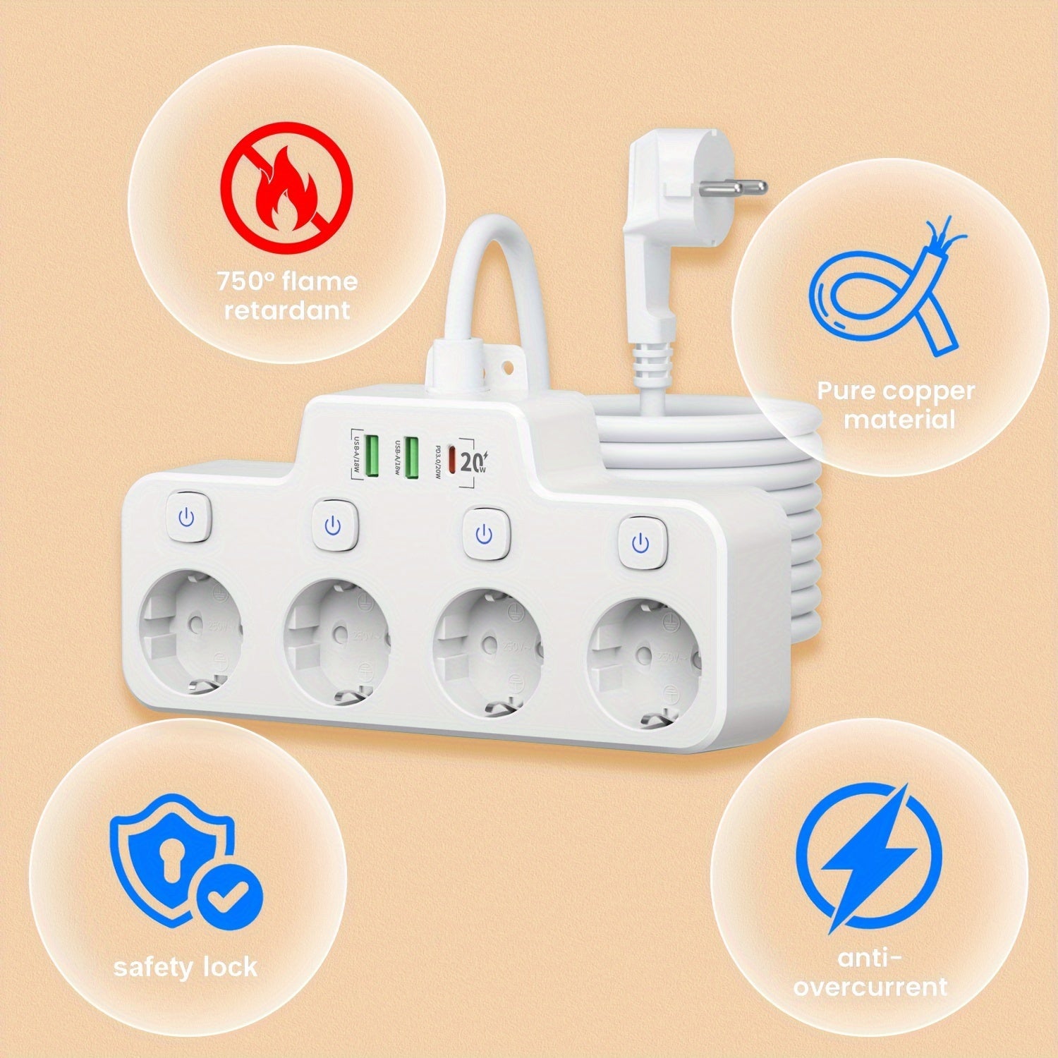 Power Strip with 4 Outlets USB Ports Surge Protector 2m Extension Cord European Plug