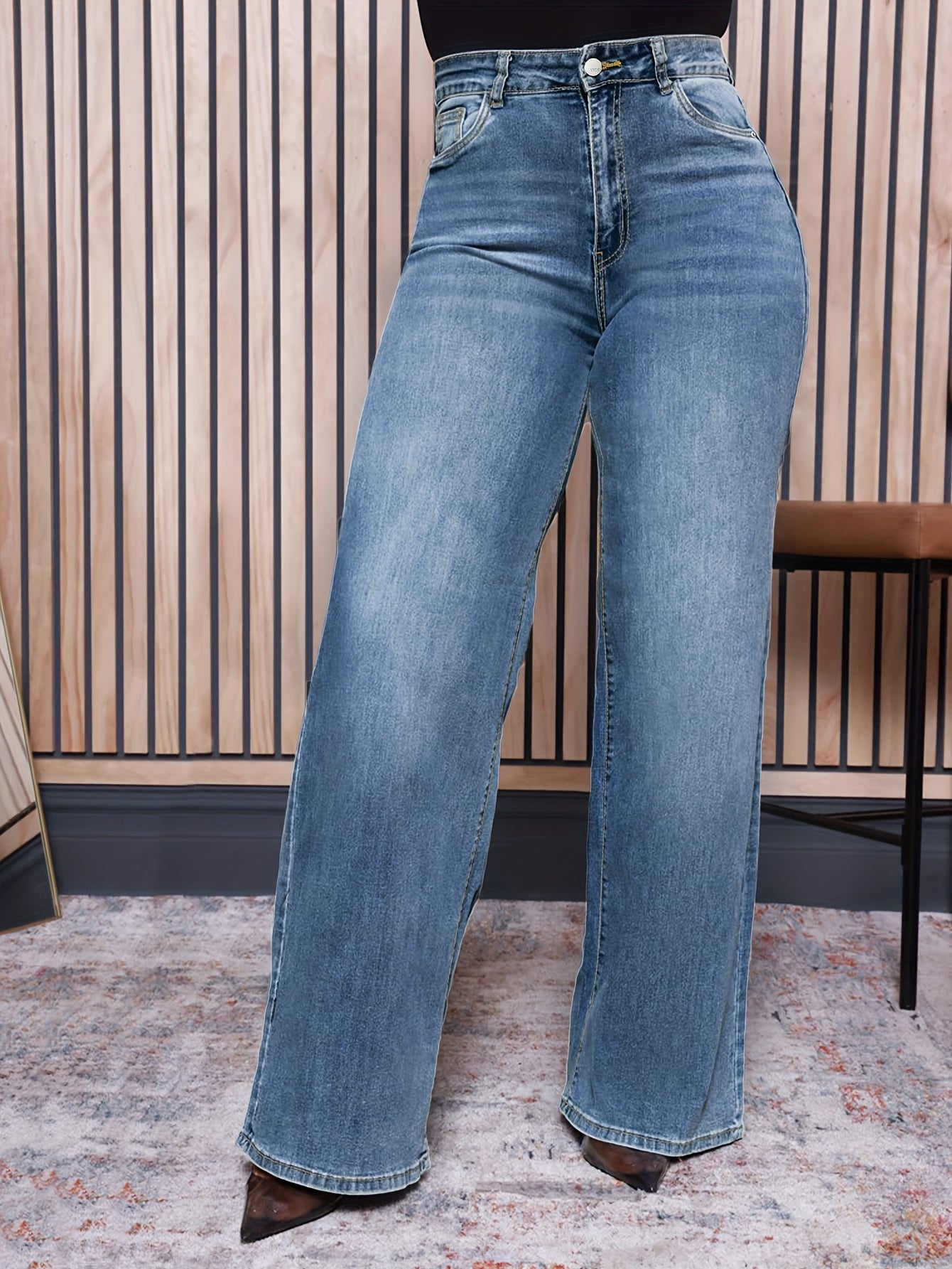 Jeans de mezclilla de talla grande para mujer con pierna ancha, lavado azul, pantalones casuales