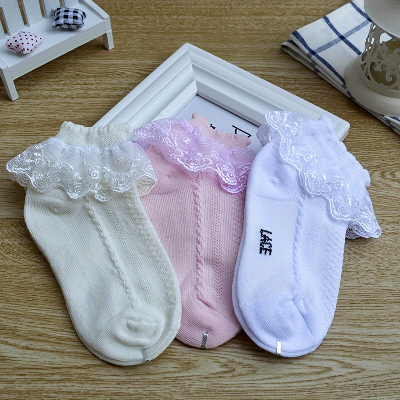 Girls' Crew Socks 4 Pairs Lace Ruffle Trim Breathable Comfortable All-Season
