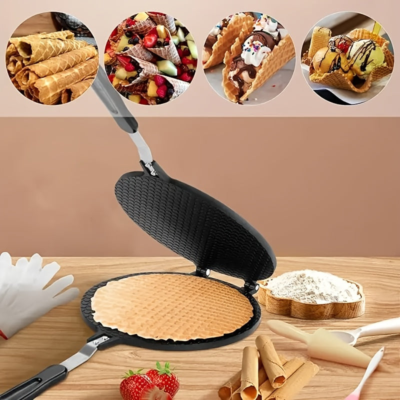 SHAON 1 dona Uzun Qo‘lqopli Non-Stick Waffle Pan - Chidamli, chizish va zangga qarshi ta'sir qiluvchi desert tayyorlovchi, DIY Muzqaymoq konuslari, vafli, tortlar uchun - Oson tozalanadi, Uy va tijorat oshxonalari uchun ideal