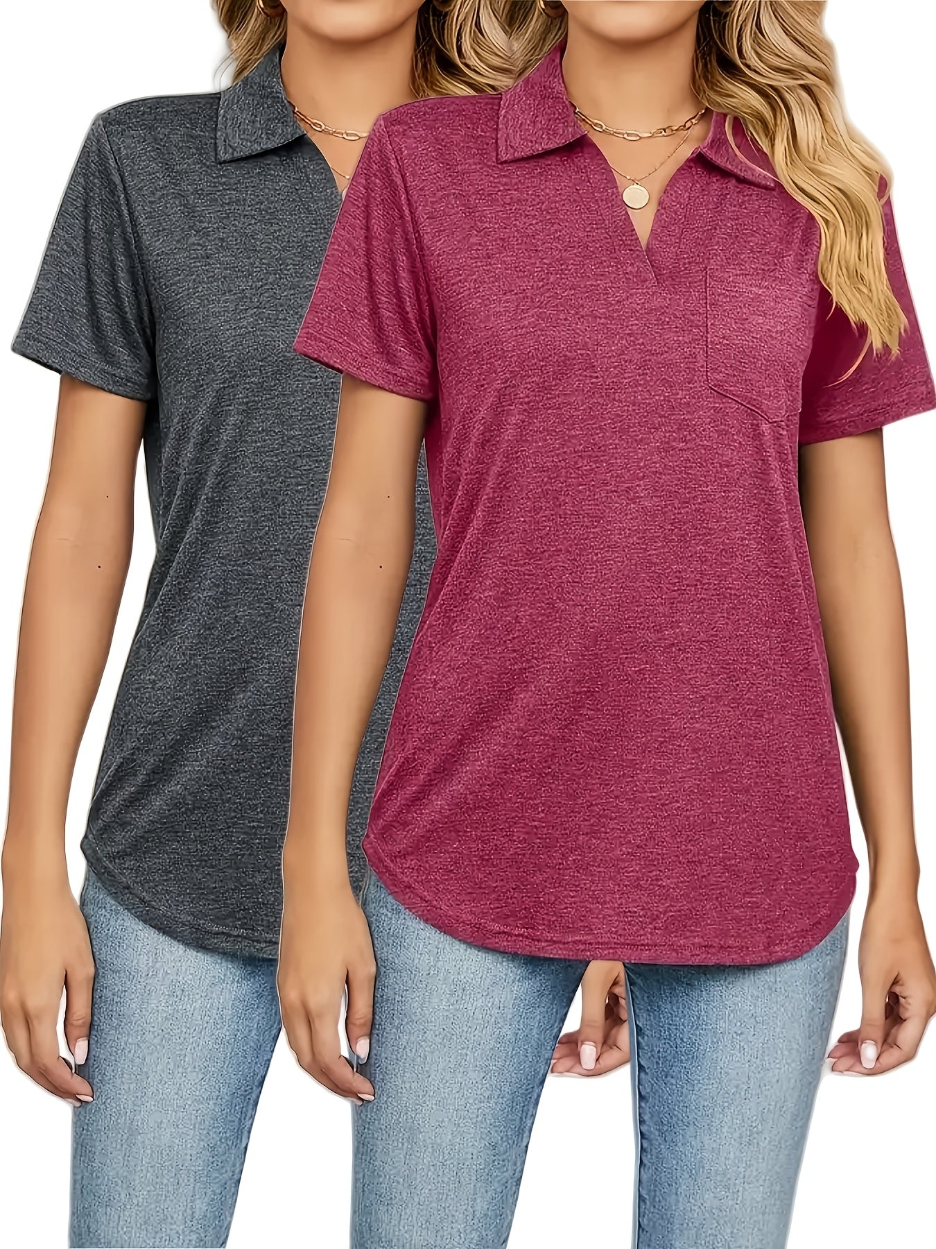 Women's Plus-Size Polo Shirts Set with Pockets Short-Sleeve Casual T-Shirts