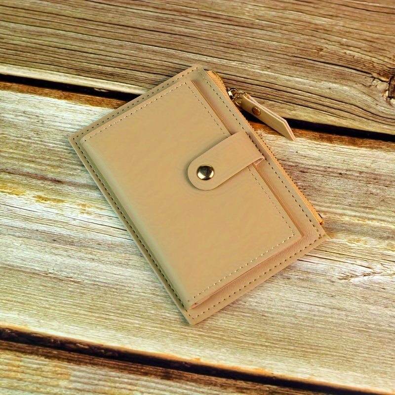 Women's Bifold Wallet with Zipper Snap Button in Pink Blue Black Light Brown PU Material
