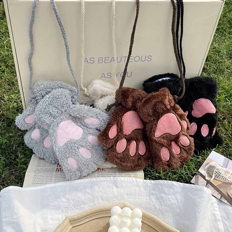 Cute Cat Claw Plush Gloves for Women Warm Fuzzy Half Finger Autumn Winter