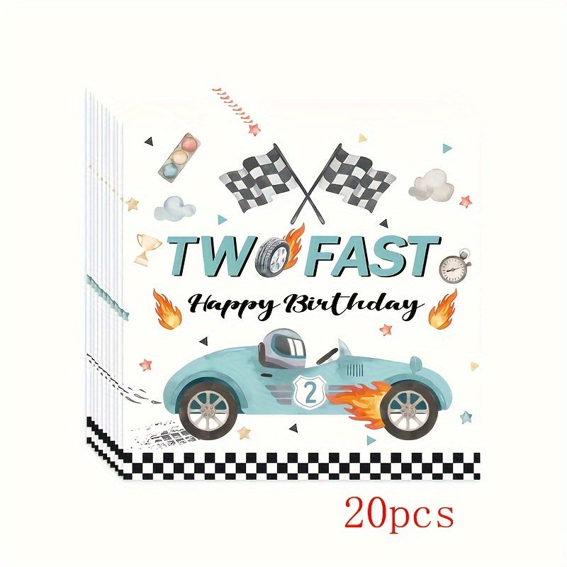 Set of 10 Birthday Party Plates Cups Napkins Paper Dinnerware Blue Race Car Checkered Flag for 2nd Birthdays Tailgate Celebrations
