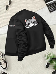 Plus Size Women's Casual Black Baseball Collar Zip-Up Jacket with Cartoon Cat Print