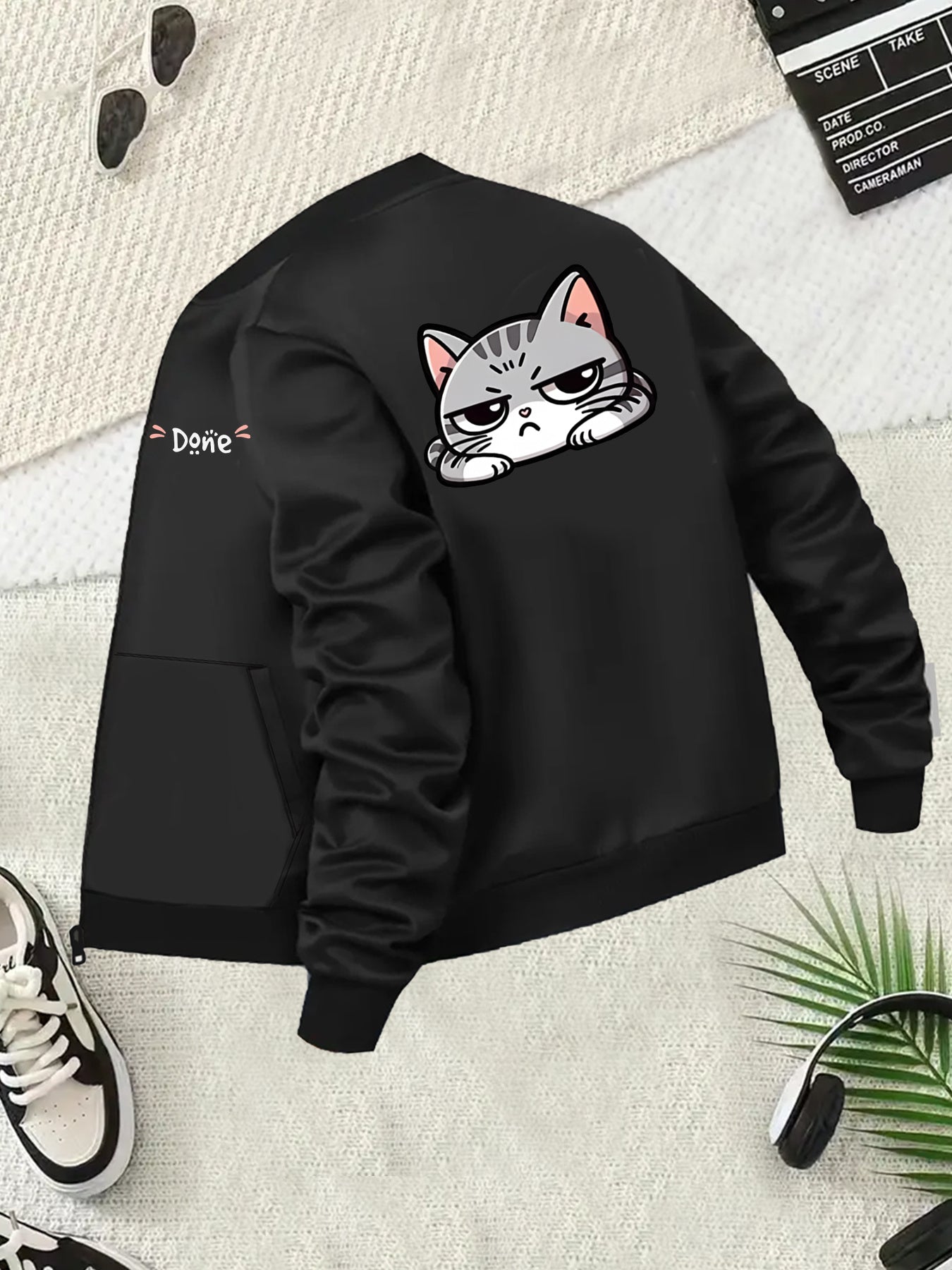 Plus Size Women's Casual Black Baseball Collar Zip-Up Jacket with Cartoon Cat Print