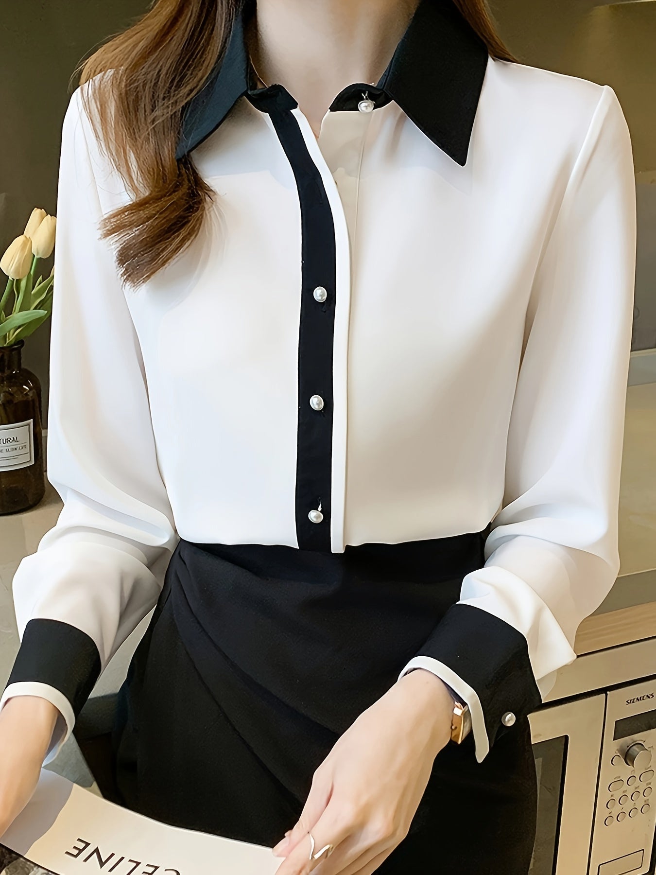 Women's Long Sleeve Button-Up Shirt with Contrast Trim Casual Spring Fall Solid Color