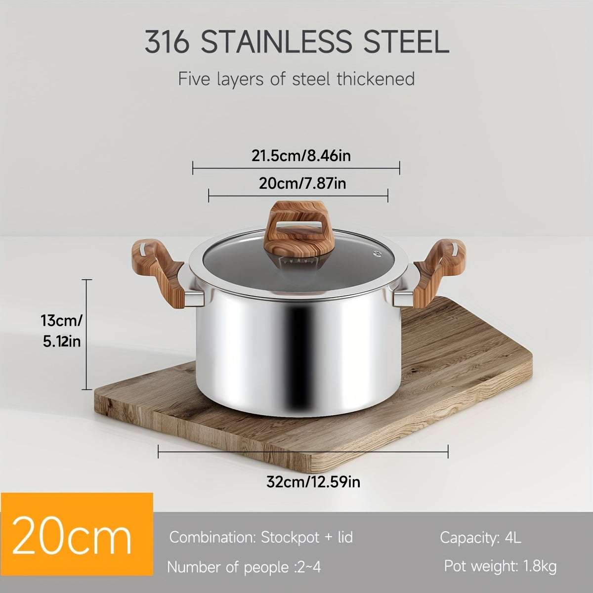Five-Layer Steel Soup Pot with Steamer Non-Stick Induction Compatible 316 Stainless Steel