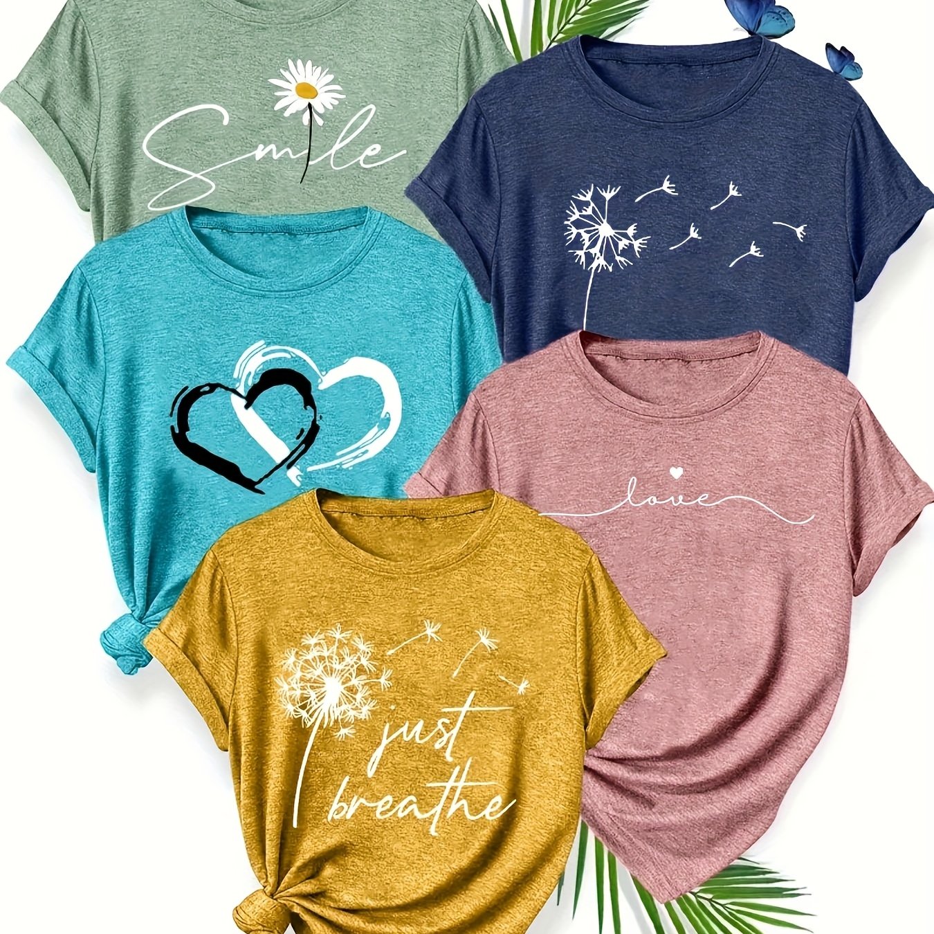 Women's Short Sleeve T-Shirts 5 Pack Breathable Geometric Floral Prints