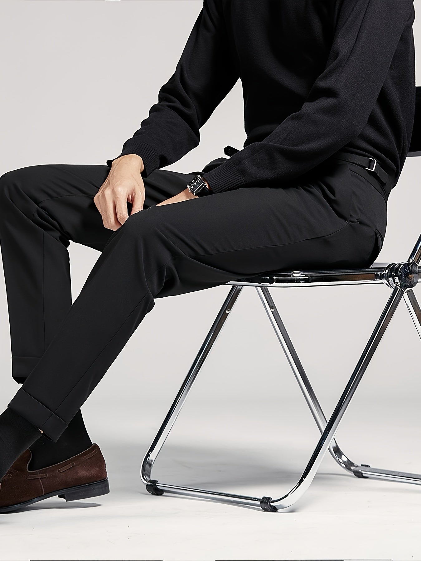Pantalones de traje cortos negros para hombre, casual de negocios, tela elástica, para todas las estaciones