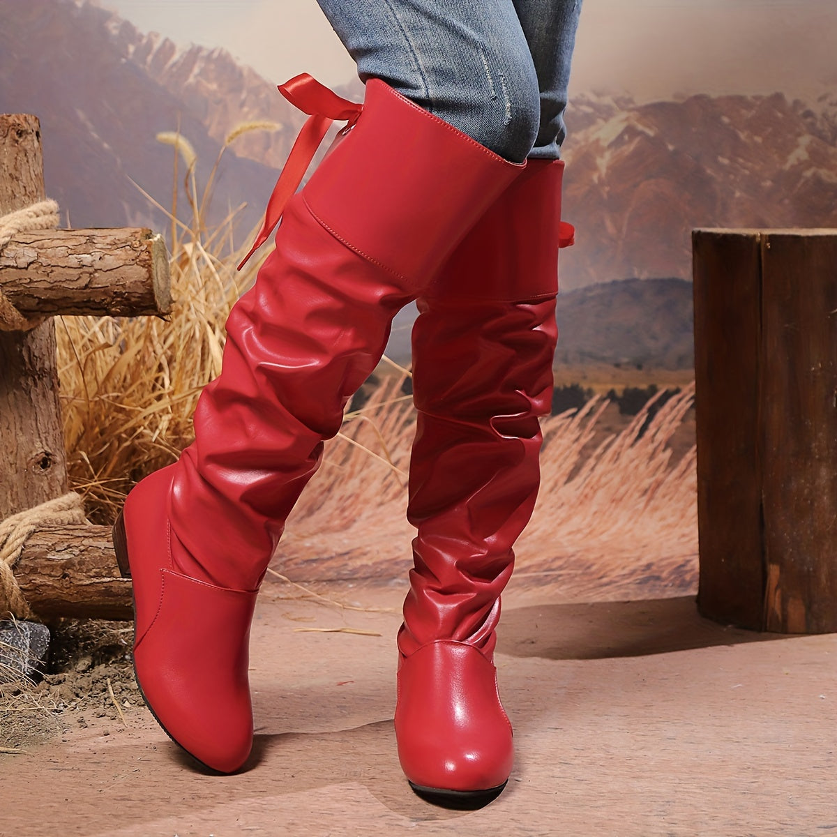 Women's Solid Color Knee-High Boots Casual Back Tie Round Toe Low Block Heel