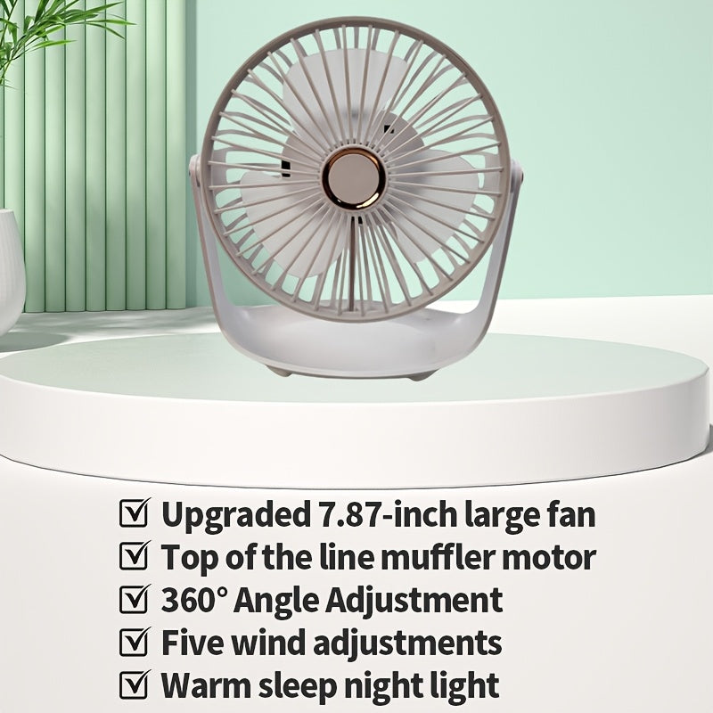 Mini Portable Table Fan with 5 Speeds, Night Light, USB Rechargeable